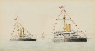 Harold Wyllie (1880-1973), HMS Benbow and HMS Howe at Spithead, watercolour, initialled, 4.5