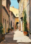 Jeremy Barlow, (20th Century) British, 'Gassin', an alleyway with flowers in pots, oil on board,