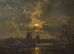 Early 19th Century Norwich School, A moonlit river scene with figures in a boat and windmills, oil
