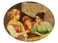 Italian School, Washer women in conversation, oval oil on canvas laid on board, 7.5