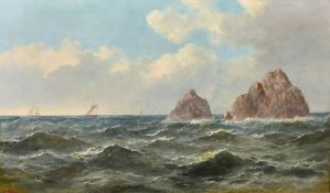 John James Wilson (1818-1875), a view of vessels off a rocky headland, oil on board, signed, 12