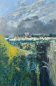 John Stops (1925-2002), a view of farm buildings beyond a field of wildflowers, oil on canvas,