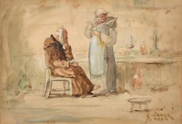George Aikman (1830-1905), a scene of a monk with a dentist, watercolour, signed, 6.5