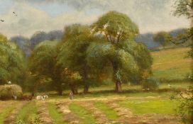 Alfred Banner (late 19th/Early 20th Century), figures loading a haycart in a tree-lined landscape,