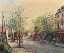 Continental School, Circa 1920, a pair of scenes of figures in a busy city street, oil on canvas,