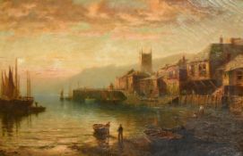 Late 19th Century, Figures by a rowing boat on the shore of a port at dusk, oil on canvas, 24