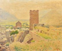 Manner of Paul Signac, A valley view from ruined castle ramparts, oil on panel, bears another