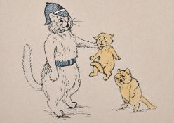 After Louis Wain, a hand-coloured print of three cats, 5.25