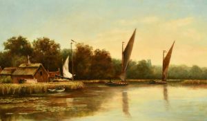 English School, Circa 1893, barges under sail on a river with a church tower beyond, oil on