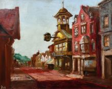 20th Century, A view of Guildford High Street with the Clock Tower, oil on canvas, indistinctly