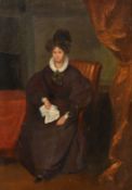 An interior scene of a lady seated holding a white hankie, oil on panel, 12.25