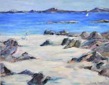 Follower of Sir John Lavery, A loan figure on a white sand beach, oil on canvas board,