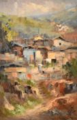 African School (20th Century) possibly Latin American, A figure on a hill side village, oil on canv