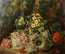 H. Livens (19th Century) British, a still life of flowers and a birds nest with blue eggs in a
