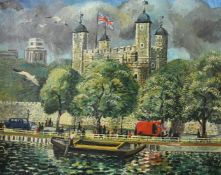 Spencer, Modern British, A view of The Tower of London and the Thames, oil on canvas, signed, 24