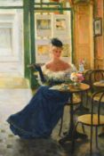Konstantin Razumov (b. 1974), an elegant lady in a Parisian Caf, oil on canvas, signed, 19.75