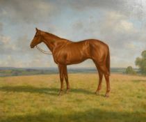 English School, Circa 1973, a chestnut horse in an open landscape, oil on board, indistinctly
