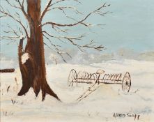Allen Sapp (1929-2015) Canadian, A Winter scene with an old farm implement under a tree, oil on