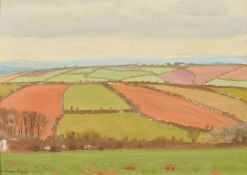 Robert Morson Hughes (1873-1953) British, Patchwork fields, oil on board, signed, 9.75