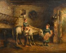 19th Century Continental School, her first ride, a young child on a horse in stables, oil on canvas,