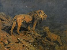Arthur Wardle (1864-1949), 'Lions at Midnight', oil on board, signed, 15