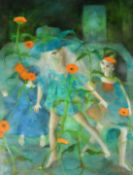 Nelly Gall / Gael (20th Century), three female figures dancing in a fantastical garden, 39.5