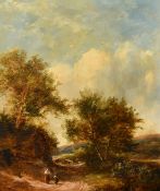 Attributed to J. Thors (19th Century) A rural landscape with two figures on a track with cattle