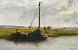 W R Wood, late 19th/Early 20th Century, a barge moored on a river with an open landscape beyond, oil