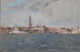 Tom Coates (b. 1941) British, 'Across the lagoon', a view of Venice, oil on board, initialled, label