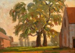 John Brown (20th Century), Trees outside a church, oil on board, initialled, 10