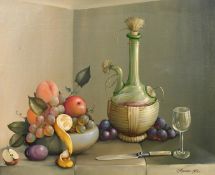 Reekie, (20th Century) A still life of mixed fruit in a bowl, a wine glass, knife and wine bottle,