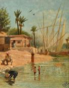 Continental School, Circa 1892, Egyptian figures in a river by dwellings and moored boats, oil on