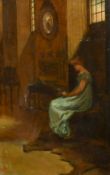 Attributed to Frank Hobden, An interior scene with a young lady seated wearing a green dress and