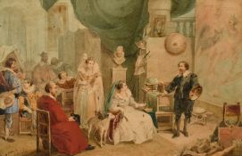 19th Century, an artist and his patrons, watercolour, indistinctly signed, 7.25