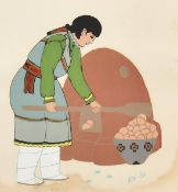 Percy Tsisete Sandy, A native American lady baking potatoes, gouache, signed 'Kai-Sa', 5.5