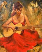 Robert Van Cleef (b. 1914), a portrait of a seated lady playing a guitar, oil on canvas, signed, 24