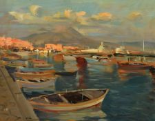 Carelli, Early 20th Century, a view of boats moored in the bay of Naples, oil on board, signed,