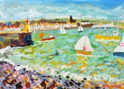 Alan Furneaux (b. 1953), boats in a harbour with a view of St Michael's mount verso, oil on board,