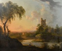 Circle of Wilson, A mother and child seated by a river with a ruin with a tower on the far bank