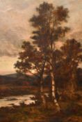 19th Century, 'The River side', Silver Birch trees alongside a river with hills in the distance