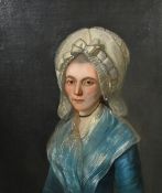 19th Century Continental School, a head and shoulders portrait of a lady in a blue dress, 25.5