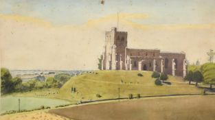 Circle of Leonard Russell Squirrell, a view of a church in an open landscape, watercolour, 6.25