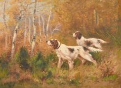 Gaston Corbier (1869-1945) French, two hunting dogs in a forest glade, oil on canvas, signed, 19.75