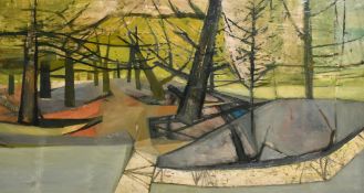 Richard Gerald Ernest Butler (b. 1921) A stylized park scene, oil on board, artists label verso,