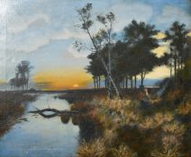 19th Century, An open landscape with a river, a few trees and a figure standing by a camp fire