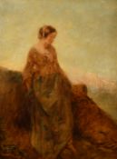 Alfred Joseph Woolmer (1805-1892), a view of a lady seated by rocks with a Continental city