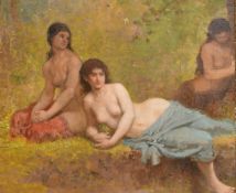 Manner of Simeon Solomon, 19th Century, Three classical women scantily clad in a landscape, oil on