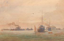 Circle of Wyllie, ships at anchor in a harbour, watercolour, 11.5