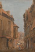 Attributed to Samuel Prout (1783-1852), 'Rouen' figures in a street, watercolour, 12.5