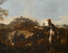 18th Century Italian School, mounted soldiers gathered before a hillside town, oil on canvas, 14.
